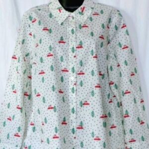 Talbots Holiday Print Long Sleeve Shirt. Red Car, Green Trees & Navy Dots. Large